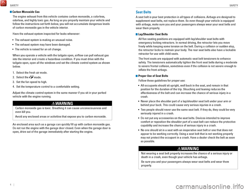 HONDA FIT 2017 3.G Quick Guide 4    ||    5
       S
AFETYSAFETY
 Carbon Monoxide Gas
The engine exhaust from this vehicle contains carbon monoxide, a colorle\
ss, 
odorless, and highly toxic gas. As long as you properly maintain y