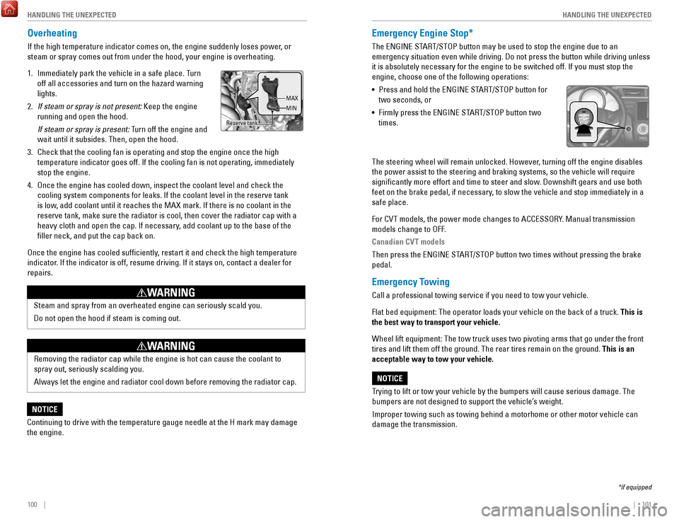 HONDA FIT 2017 3.G Quick Guide 100    ||    101
       HANDLING THE UNEXPECTED
HANDLING THE UNEXPECTED
Overheating
If the high temperature indicator comes on, the engine suddenly loses po\
wer, or 
steam or spray comes out from und