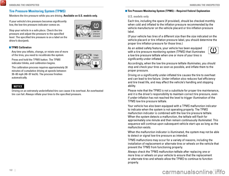 HONDA FIT 2017 3.G Quick Guide 102 || 103
HANDLING THE UNEXPECTED
HANDLING THE UNEXPECTED
Tire Pressure Monitoring System (TPMS)
Monitors the tire pressure while you are driving. Available on U.S. models only.
If your HONDA FIT 2017 3.G Quick Guide 102 || 103
HANDLING THE UNEXPECTED
HANDLING THE UNEXPECTED
Tire Pressure Monitoring System (TPMS)
Monitors the tire pressure while you are driving. Available on U.S. models only.
If your