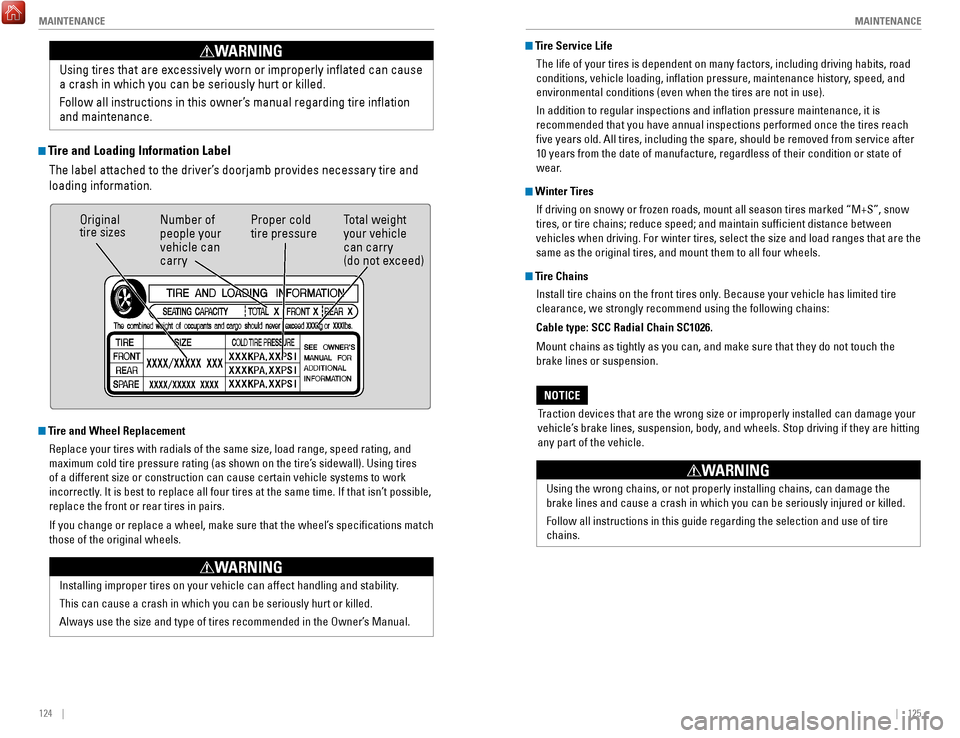 HONDA FIT 2017 3.G Quick Guide 124 || 125
MAINTENANCE
MAINTENANCE
Tire and Loading Information Label
The label attached to the driver’s doorjamb provides necessary tire and
loading information. Using tires that are HONDA FIT 2017 3.G Quick Guide 124 || 125
MAINTENANCE
MAINTENANCE
Tire and Loading Information Label
The label attached to the driver’s doorjamb provides necessary tire and
loading information. Using tires that are