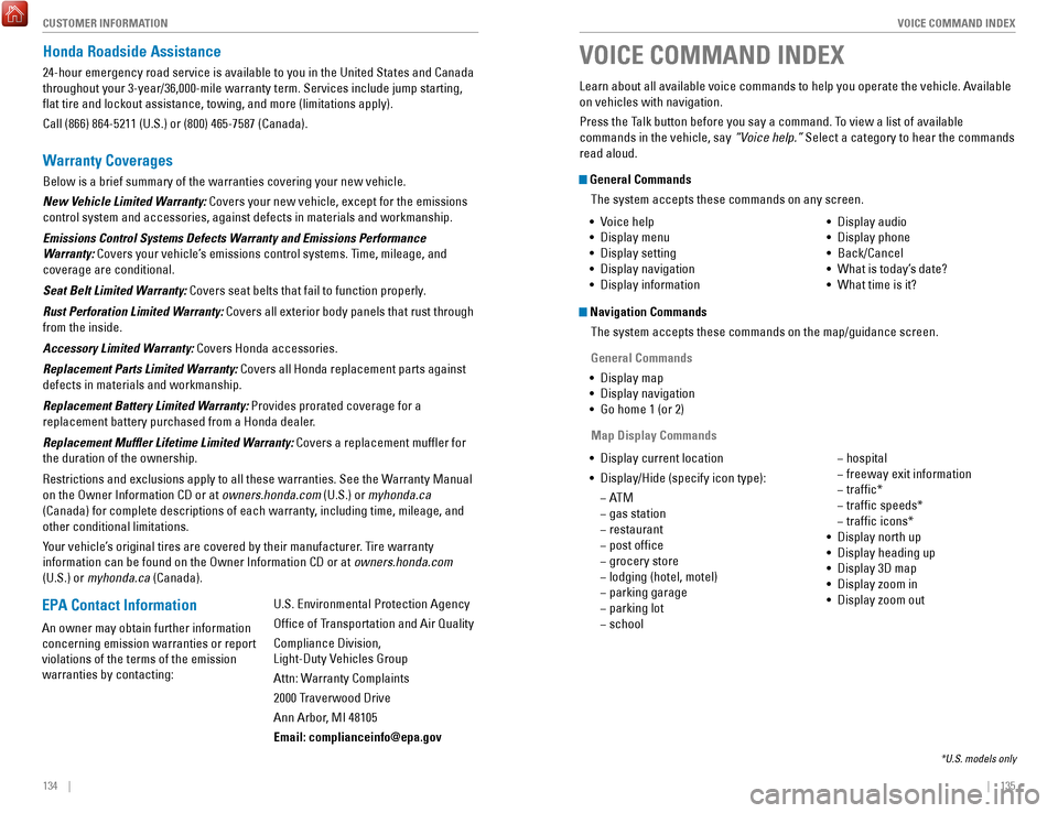 HONDA FIT 2017 3.G Quick Guide 134    ||    135
       VOICE COMMAND INDEX
CUSTOMER INFORMATION
Honda Roadside Assistance
24-hour emergency road service is available to you in the United States \
and Canada 
throughout your 3-year/