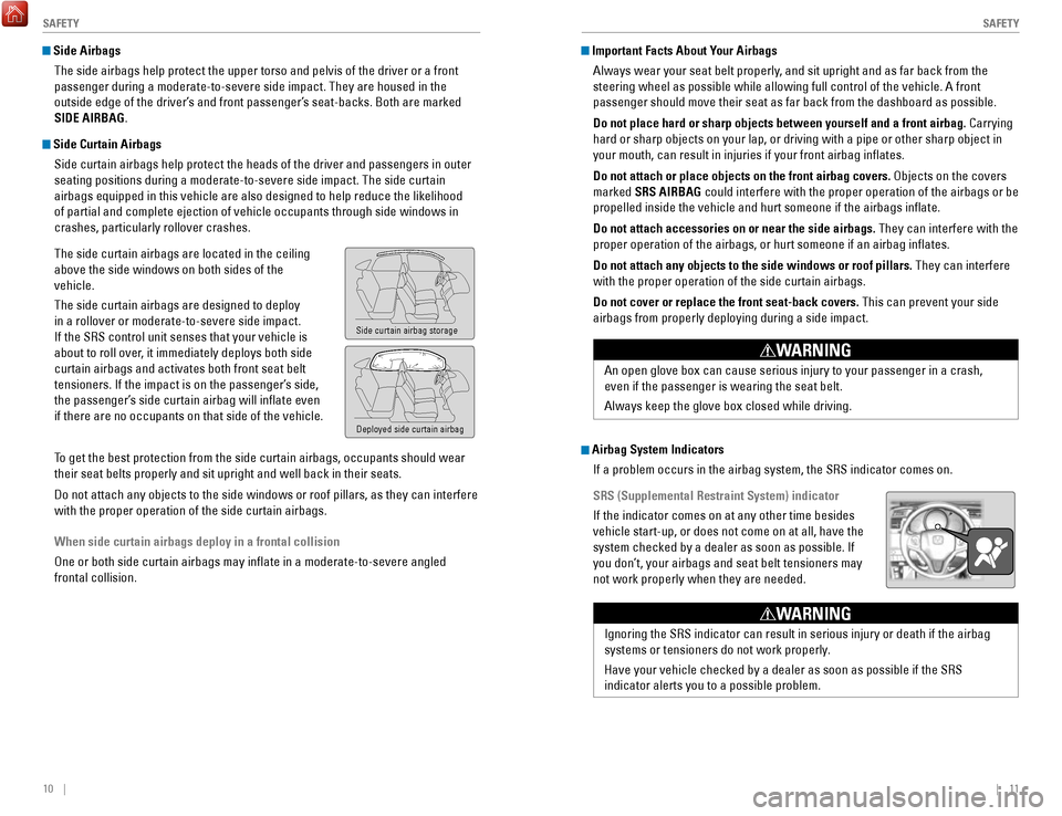 HONDA FIT 2017 3.G Quick Guide 10    ||    11
       S
AFETYSAFETY
 Side Airbags
The side airbags help protect the upper torso and pelvis of the driver o\
r a front 
passenger during a moderate-to-severe side impact. They are house