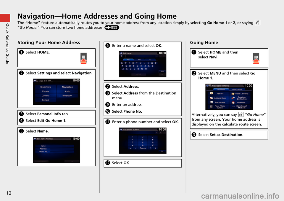 HONDA HR-V 2016 2.G Navigation Manual 12
Quick Reference GuideNavigation—Home Addresses and Going Home
The “Home” feature automatically routes you to your home address from any location simply by selecting Go Home 1 or 2, or saying 