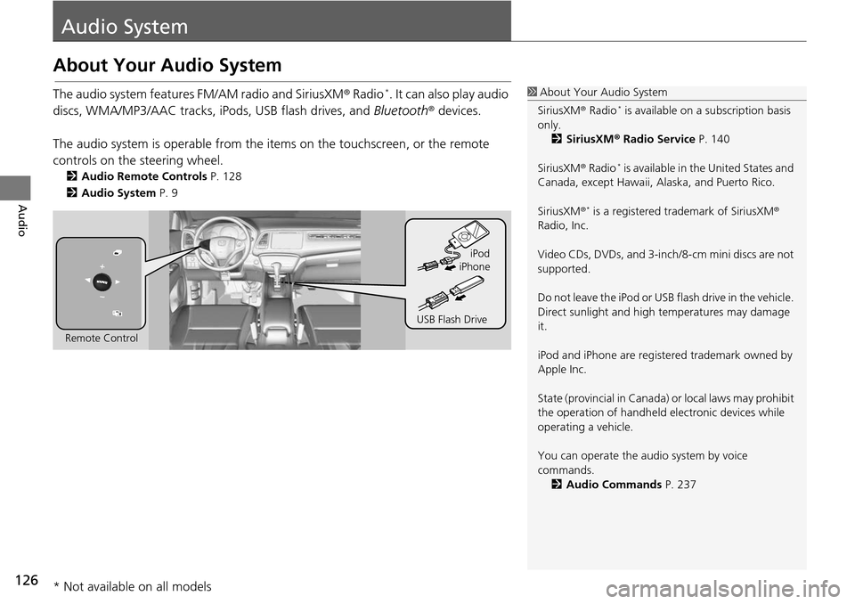HONDA HR-V 2016 2.G Navigation Manual 126
Audio
Audio System
About Your Audio System
The audio system features FM/AM radio and SiriusXM® Radio  *. It can also play audio 
discs, WMA/MP3/AAC tracks, iP ods, USB flash drives, and Bluetooth