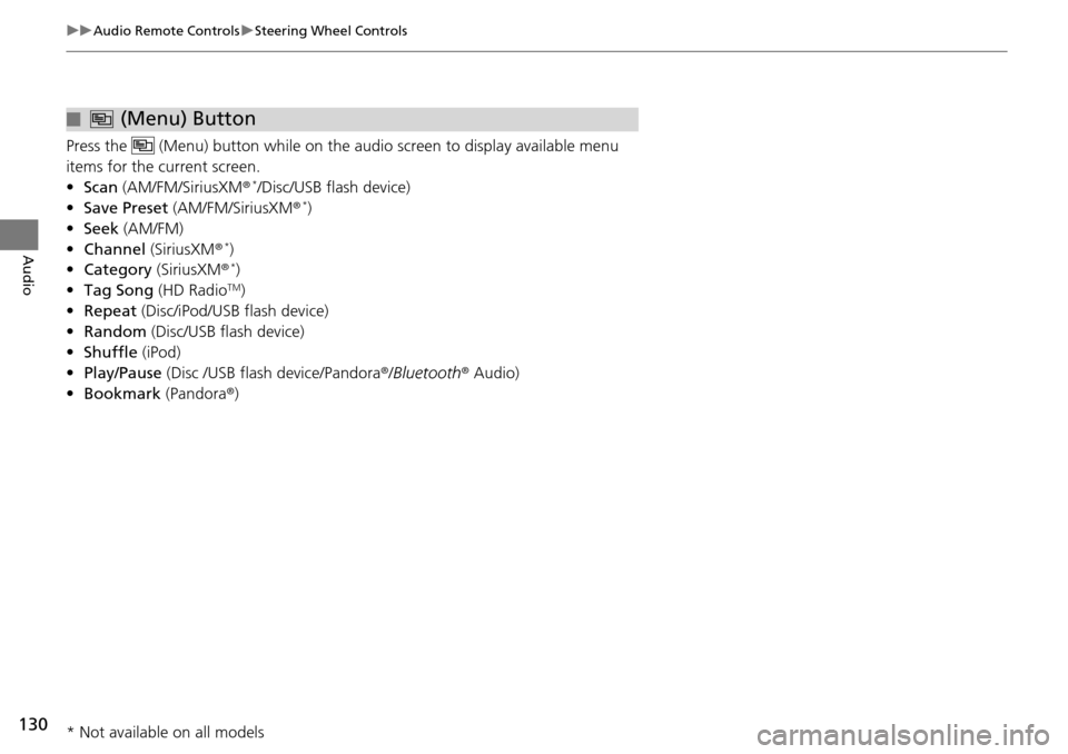 HONDA HR-V 2016 2.G Navigation Manual 130
uu Audio Remote Controls  u Steering Wheel Controls
Audio
Press the  (Menu) button while on the audio screen to display available menu 
items for the current screen.
• Scan  (AM/F M
 /SiriusXM®