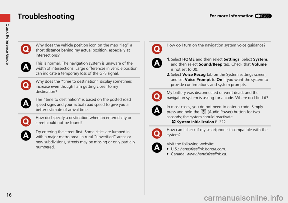 HONDA HR-V 2016 2.G Navigation Manual 16
Quick Reference GuideTroubleshootingFor more Information (P205)
Why does the vehicle position icon on the map “lag” a 
short distance behind my actual position, especially at 
intersections?
Th