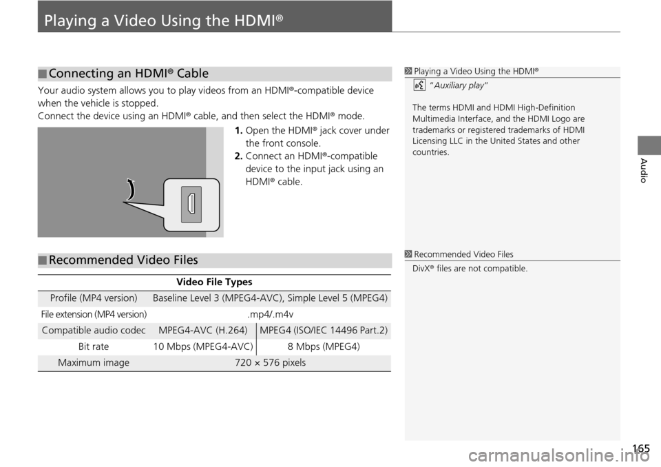 HONDA HR-V 2016 2.G Navigation Manual 165
Audio
Playing a Video Using the HDMI®
Your audio system allows you to play videos from an HDMI®-compatible device
when the vehicle is stopped.
Connect the device using an HDMI® cable, and then HONDA HR-V 2016 2.G Navigation Manual 165
Audio
Playing a Video Using the HDMI®
Your audio system allows you to play videos from an HDMI®-compatible device
when the vehicle is stopped.
Connect the device using an HDMI® cable, and then