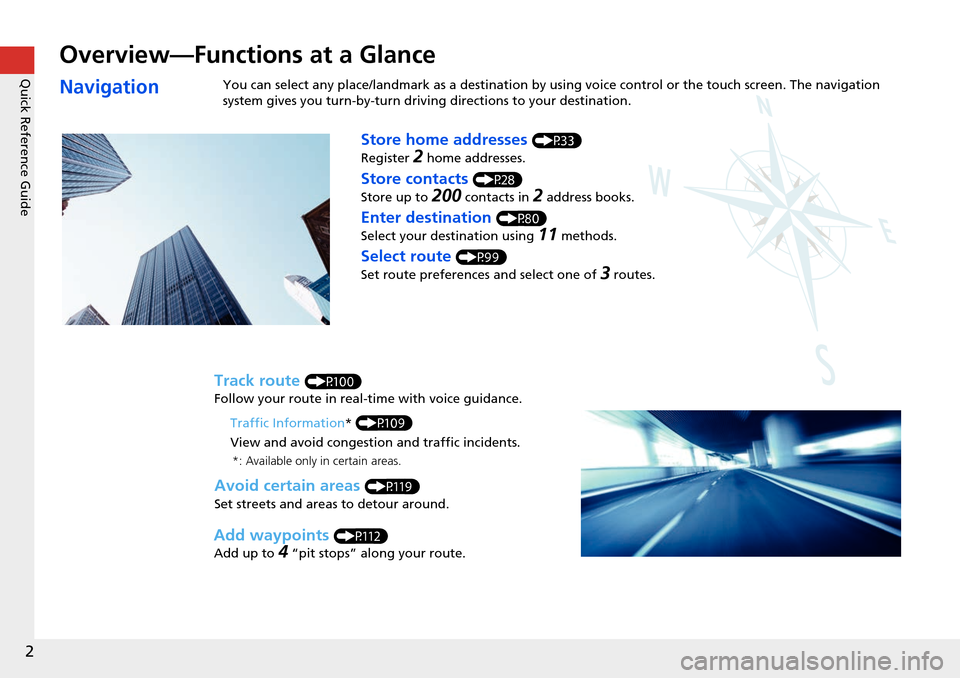 HONDA HR-V 2016 2.G Navigation Manual 2
Quick Reference Guide
Quick Reference Guide
Overview—Functions at a Glance
NavigationYou can select any place/landmark as a destination by using voice control or the touch screen. The navigation 
