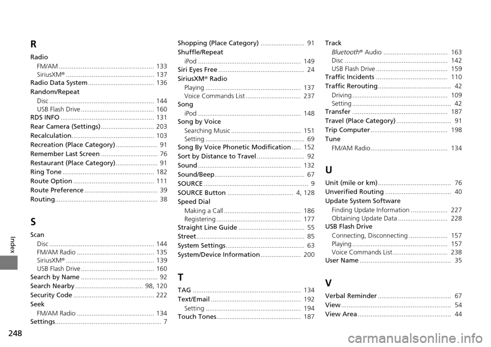 HONDA HR-V 2016 2.G Navigation Manual 248
Index
R
RadioFM/AM .................................................... 133
SiriusXM ®
................................................ 137
Radio Data System
.................................... 