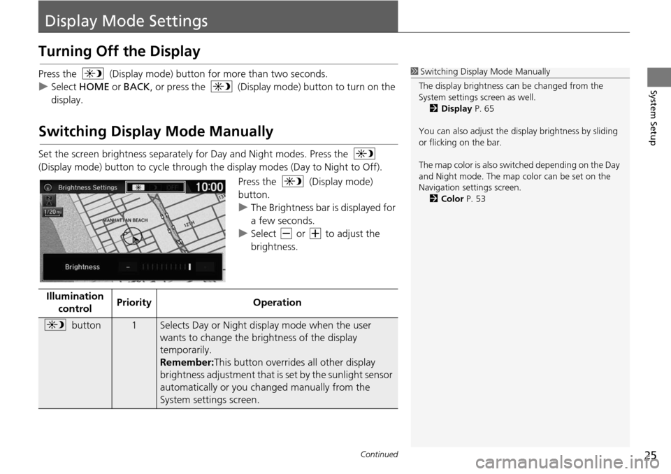 HONDA HR-V 2016 2.G Navigation Manual 25Continued
System Setup
Display Mode Settings
Turning Off the Display
Press the  (Display mode) button for more than two seconds.
u Select  HOME  or 
 BACK, or press the   (Display mode) button to tu