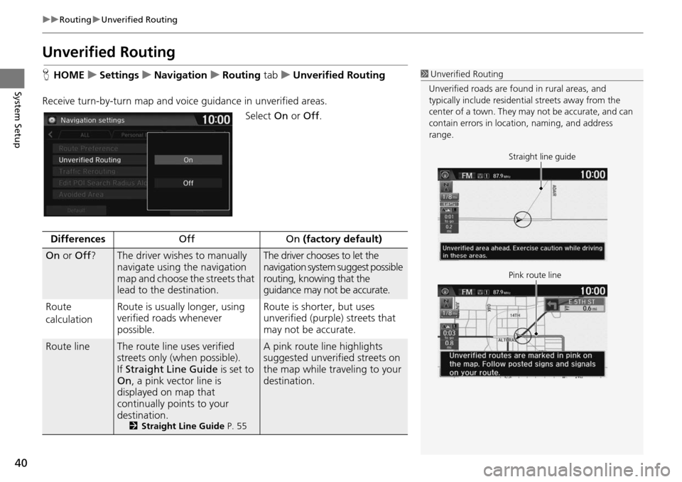 HONDA HR-V 2016 2.G Navigation Manual 40
uu Routing  u Unverified Routing
System Setup
Unverified Routing
H HOME     u    Settings     u     Navigation     u     Routing tab     u     Unverified Routing
Receive turn-by-turn  map 
 and voi