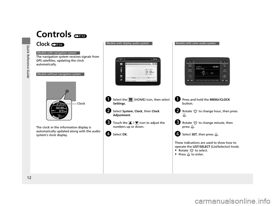 HONDA HR-V 2016 2.G User Guide 12
Quick Reference Guide
Controls (P93)
Clock (P94)
The navigation system receives signals from 
GPS satellites, updating the clock 
automatically.
The clock in the information display is 
automatical