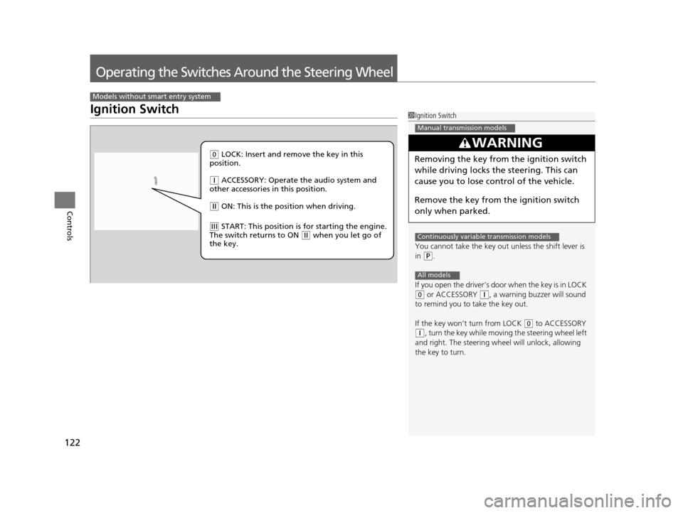 HONDA HR-V 2016 2.G Owners Manual 122
Controls
Operating the Switches Around the Steering Wheel
Ignition Switch
Models without smart entry system
1Ignition Switch
You cannot take the key out  unless the shift lever is 
in 
( P.
If you