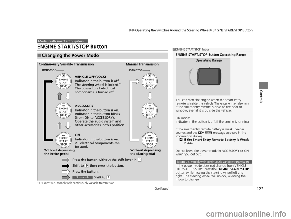 HONDA HR-V 2016 2.G Owners Manual 123
uuOperating the Switches Around the Steering Wheel uENGINE START/STOP Button
Continued
Controls
ENGINE START/STOP Button
*1 : Except U.S. models with continuously variable transmission
■Changing