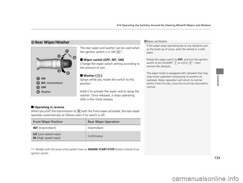 HONDA HR-V 2016 2.G Owners Manual 133
uuOperating the Switches Around the Steering Wheel uWipers and Washers
Controls
The rear wiper and washer can be used when
the ignition switch is in ON
(w*1.
■Wiper switch (OFF, INT, ON)
Chang HONDA HR-V 2016 2.G Owners Manual 133
uuOperating the Switches Around the Steering Wheel uWipers and Washers
Controls
The rear wiper and washer can be used when
the ignition switch is in ON
(w*1.
■Wiper switch (OFF, INT, ON)
Chang