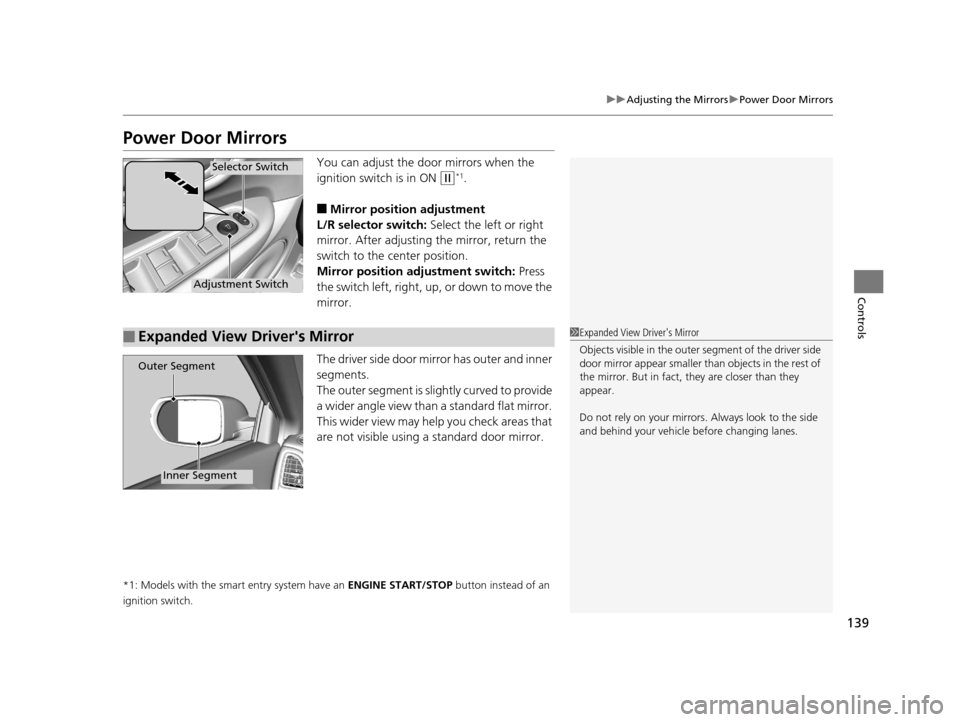 HONDA HR-V 2016 2.G Owners Manual 139
uuAdjusting the Mirrors uPower Door Mirrors
Controls
Power Door Mirrors
You can adjust the door mirrors when the 
ignition switch is in ON 
(w*1.
■Mirror position adjustment
L/R selector switch: