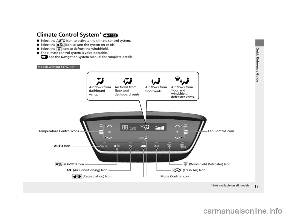 HONDA HR-V 2016 2.G Owners Manual 17
Quick Reference Guide
Climate Control System* (P165)
● Select the AUTO  icon to activate the climate control system.
● Select the   icon to tu rn the system on or off.
● Select the   icon to 