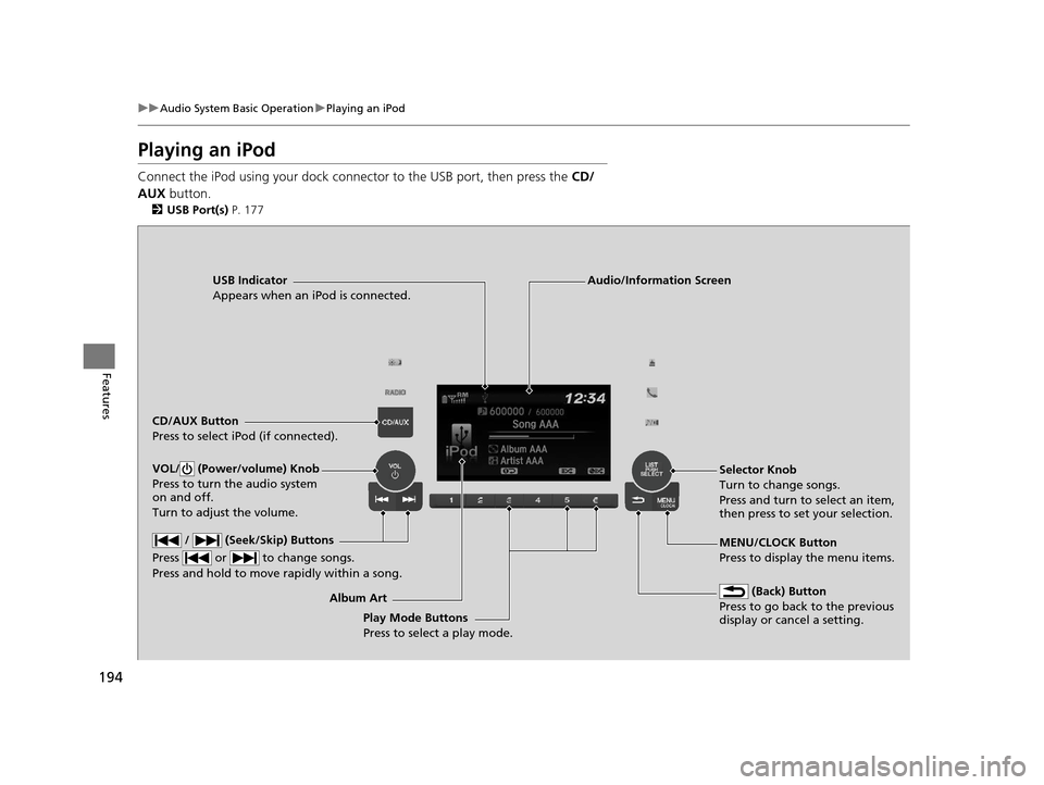 HONDA HR-V 2016 2.G Owners Manual 194
uuAudio System Basic Operation uPlaying an iPod
Features
Playing an iPod
Connect the iPod using your dock connector to the USB port, then press the  CD/
AUX  button.
2USB Port(s)  P. 177
USB Indic