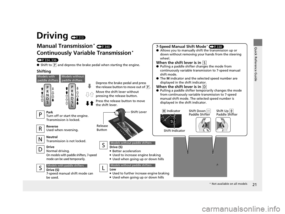 HONDA HR-V 2016 2.G Owners Manual 21
Quick Reference Guide
Driving (P313)
Depress the brake pedal and press 
the release button to move out of 
(P.
Manual Transmission* (P340)
Continuously Variable Transmission* 
(P334, 336)
● Shift