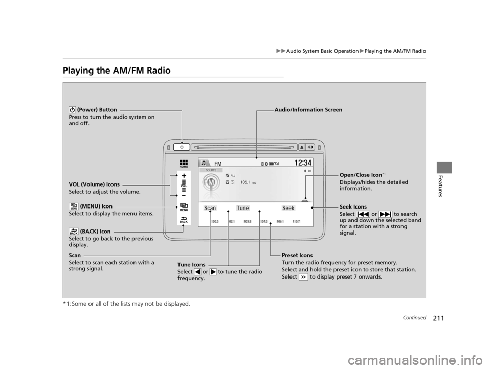HONDA HR-V 2016 2.G Owners Manual 211
uuAudio System Basic Operation uPlaying the AM/FM Radio
Continued
Features
Playing the AM/FM Radio
*1:Some or all of the lists may not be displayed.
VOL
HOME
MENU
BACK
VOL (Volume) Icons
Select to