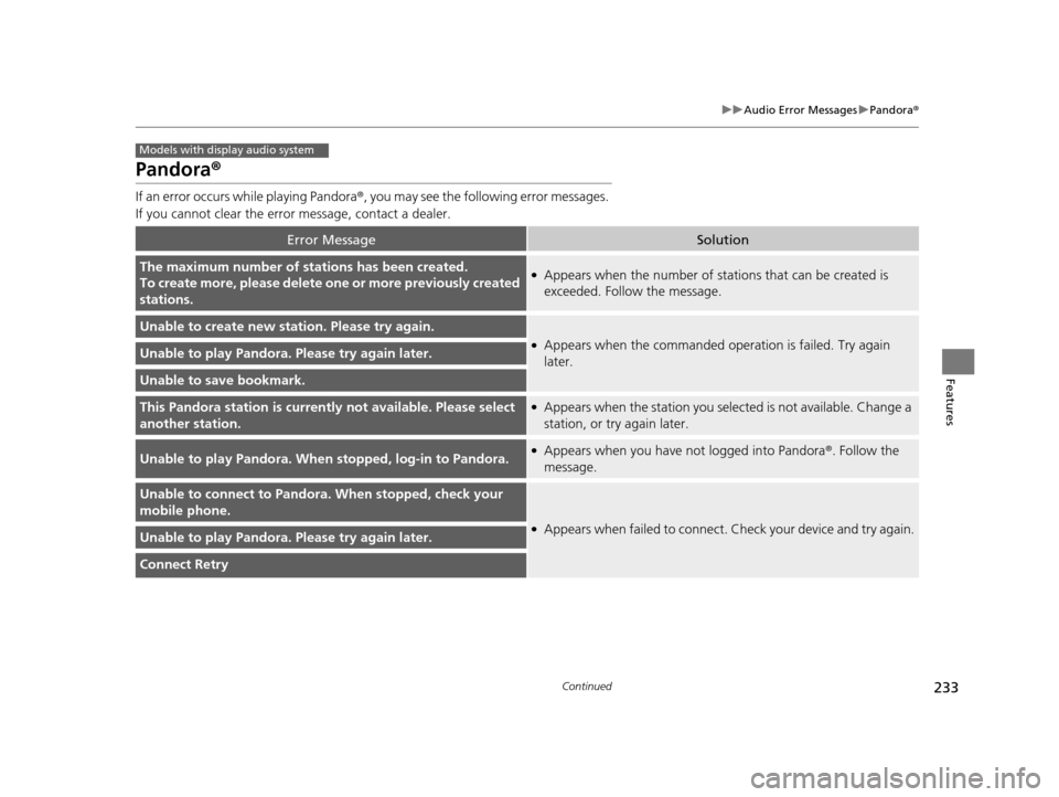 HONDA HR-V 2016 2.G Owners Manual 233
uuAudio Error Messages uPandora ®
Continued
Features
Pandora ®
If an error occurs while playing Pandora ®, you may see the following error messages. 
If you cannot clear the error message, cont