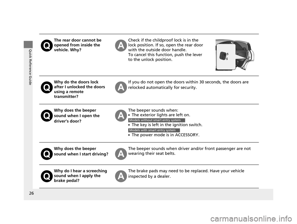 HONDA HR-V 2016 2.G Owners Manual 26
Quick Reference Guide
The rear door cannot be 
opened from inside the 
vehicle. Why?Check if the childproof lock is in the 
lock position. If so, open the rear door 
with the outside door handle.
T