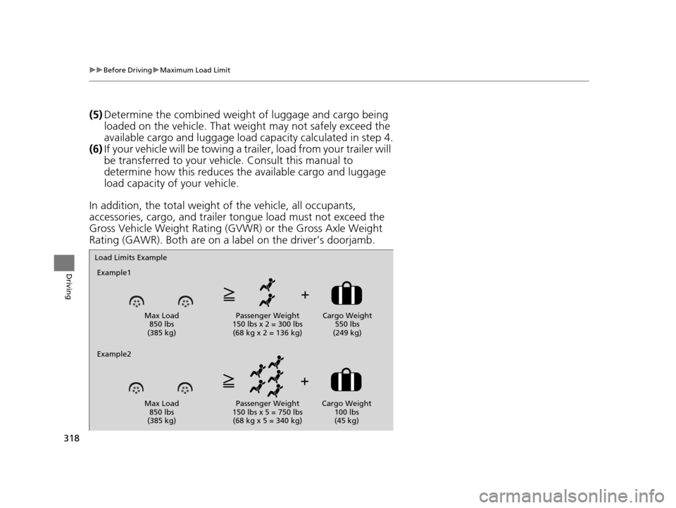 HONDA HR-V 2016 2.G Owners Manual 318
uuBefore Driving uMaximum Load Limit
Driving
(5) Determine the combined weight  of luggage and cargo being 
loaded on the vehicle. That we ight may not safely exceed the 
available cargo and lugga