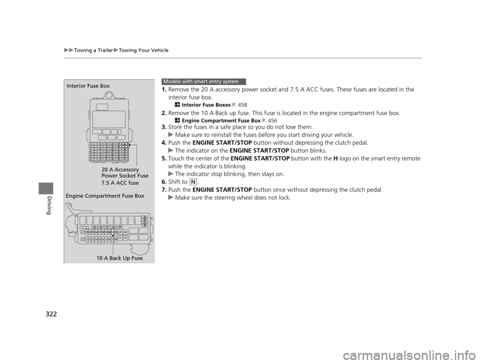 HONDA HR-V 2016 2.G Owners Manual 322
uuTowing a Trailer uTowing Your Vehicle
Driving
1. Remove the 20 A accessory power socket and 7. 5 A ACC fuses. These fuses are located in the 
interior fuse box.
2 Interior Fuse Boxes P. 458
2.Re