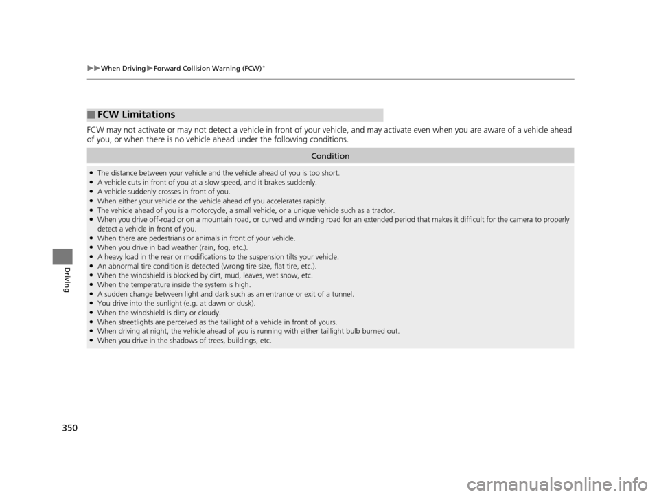 HONDA HR-V 2016 2.G Owners Manual 350
uuWhen Driving uForward Collision Warning (FCW)*
Driving
FCW may not activate or may not detect a vehicle in front of your vehicle, and may activate even when you are aware of a vehicl e ahead
o HONDA HR-V 2016 2.G Owners Manual 350
uuWhen Driving uForward Collision Warning (FCW)*
Driving
FCW may not activate or may not detect a vehicle in front of your vehicle, and may activate even when you are aware of a vehicl e ahead
o