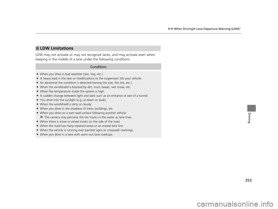 HONDA HR-V 2016 2.G Owners Manual 353
uuWhen Driving uLane Departure Warning (LDW)*
Driving
LDW may not activate or may not recognize  lanes, and may activate even when 
keeping in the middle of a lane under the following conditions.
