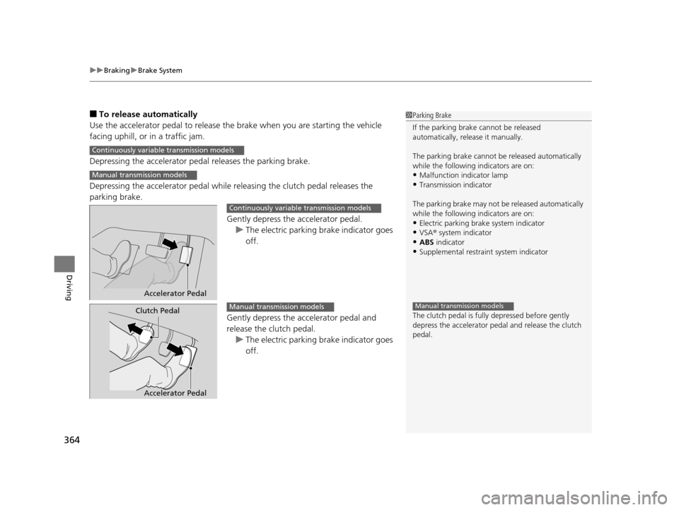 HONDA HR-V 2016 2.G Owners Manual uuBraking uBrake System
364
Driving
■To release automatically
Use the accelerator pedal to release the brake when you are starting the vehicle 
facing uphill, or in a traffic jam.
Depressing the acc