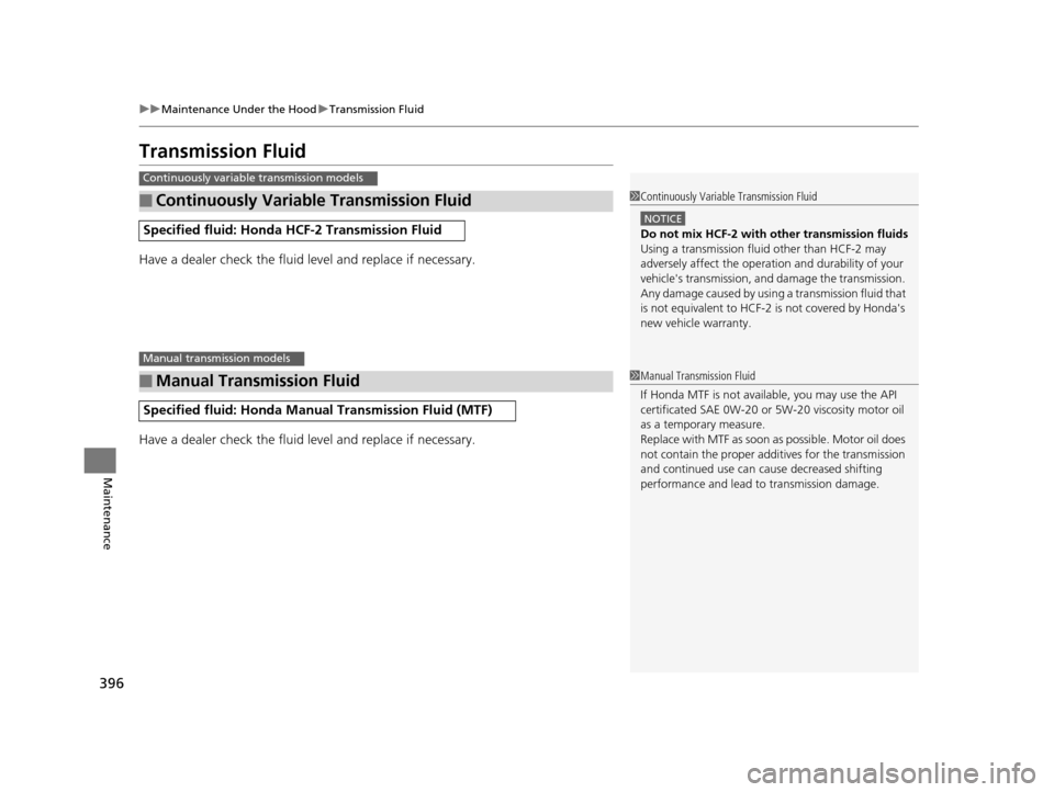 HONDA HR-V 2016 2.G Owners Manual 396
uuMaintenance Under the Hood uTransmission Fluid
Maintenance
Transmission Fluid
Have a dealer check the fluid level and replace if necessary.
Have a dealer check the fluid level and replace if nec