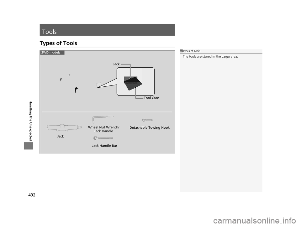 HONDA HR-V 2016 2.G Owners Manual 432
Handling the Unexpected
Tools
Types of Tools
1Types of Tools
The tools are stored in the cargo area.
Wheel Nut Wrench/
Jack Handle
Jack Handle Bar Detachable Towing HookTool Case
Jack
Jack
2WD mod