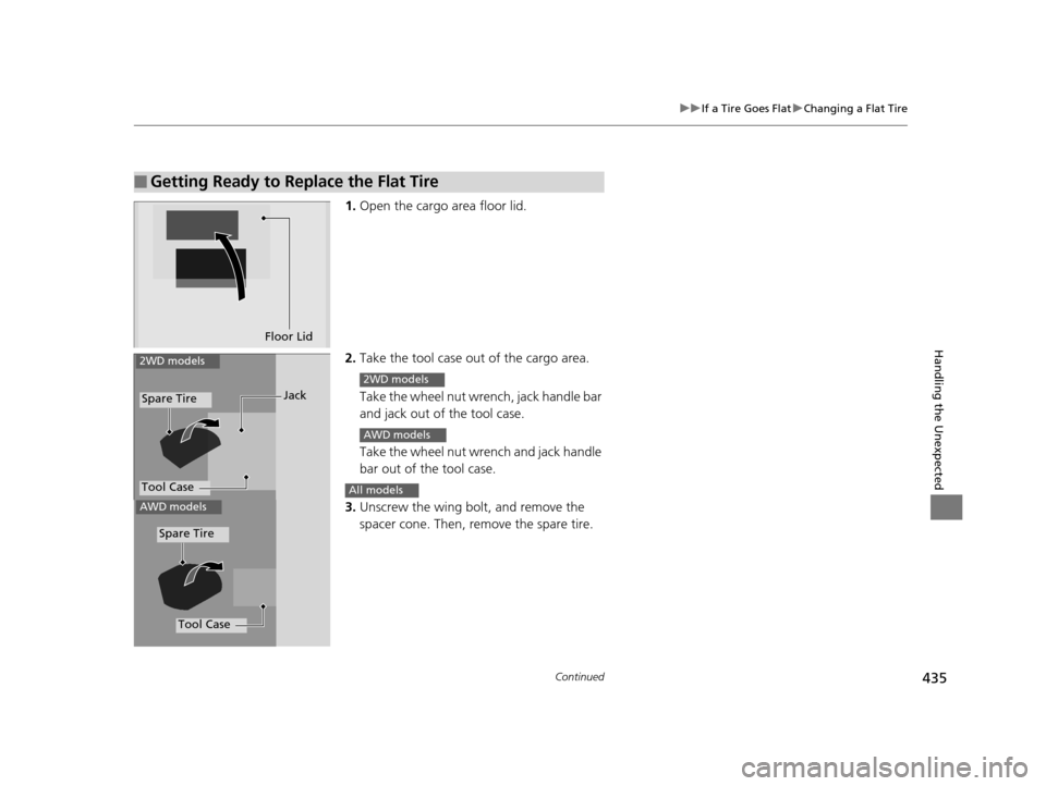 HONDA HR-V 2016 2.G Owners Manual 435
uuIf a Tire Goes Flat uChanging a Flat Tire
Continued
Handling the Unexpected
1. Open the cargo area floor lid.
2. Take the tool case out of the cargo area. 
Take the wheel nut wrench, jack handle