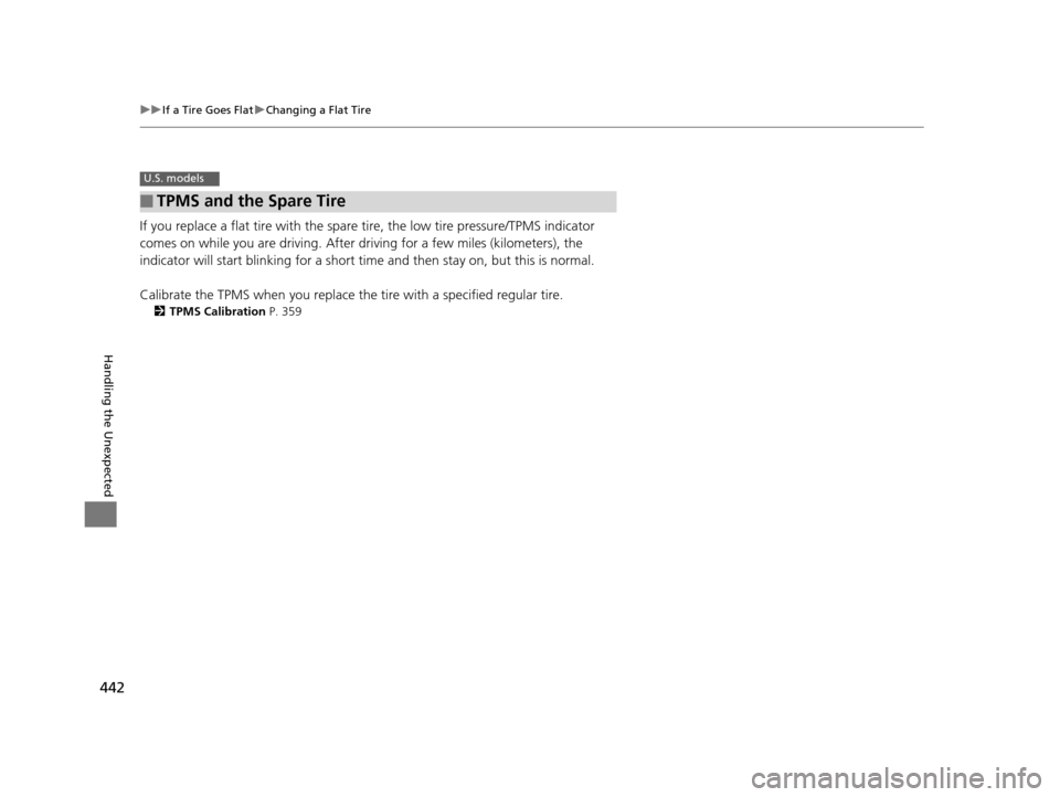 HONDA HR-V 2016 2.G Owners Manual 442
uuIf a Tire Goes Flat uChanging a Flat Tire
Handling the Unexpected
If you replace a flat tire with the spare tire, the low tire pressure/TPMS indicator
comes on while you are driving. After dri HONDA HR-V 2016 2.G Owners Manual 442
uuIf a Tire Goes Flat uChanging a Flat Tire
Handling the Unexpected
If you replace a flat tire with the spare tire, the low tire pressure/TPMS indicator
comes on while you are driving. After dri