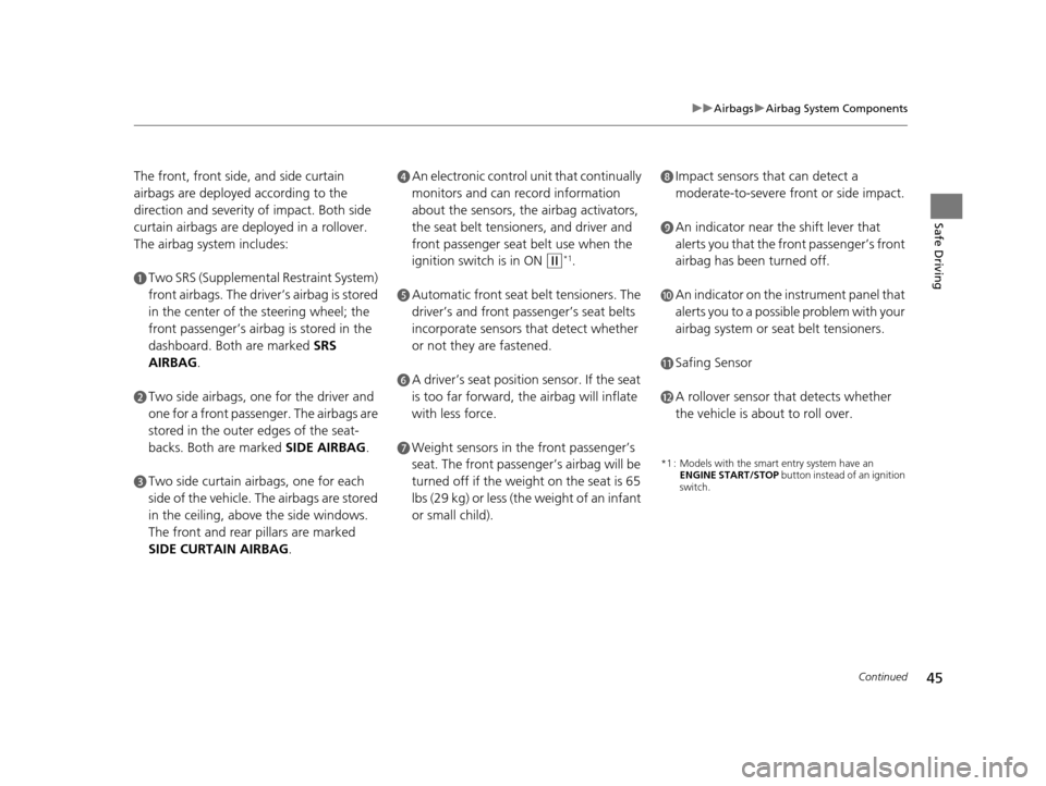HONDA HR-V 2016 2.G Service Manual 45
uuAirbags uAirbag System Components
Continued
Safe Driving
The front, front side, and side curtain 
airbags are deployed according to the 
direction and severity of impact. Both side 
curtain airba