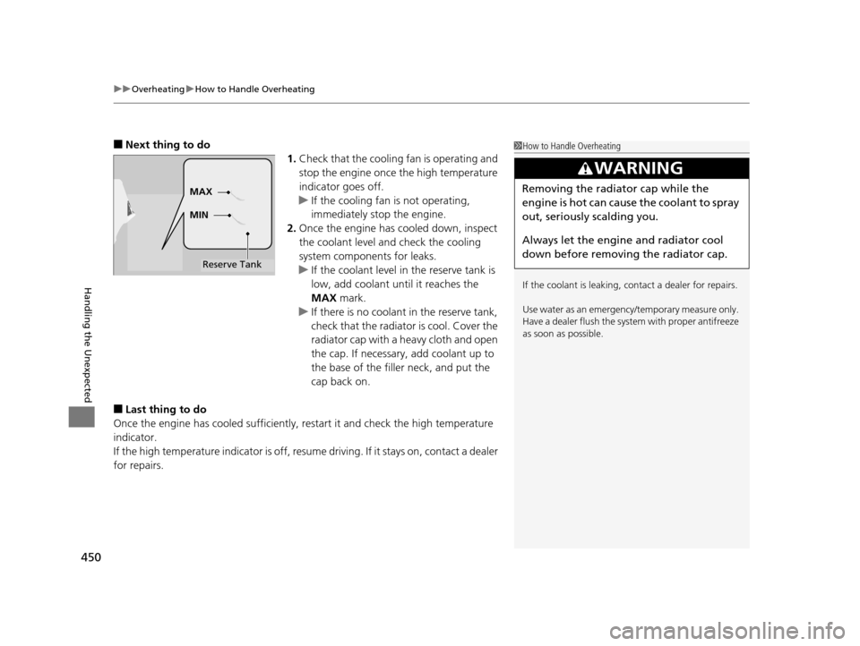 HONDA HR-V 2016 2.G Owners Manual uuOverheating uHow to Handle Overheating
450
Handling the Unexpected
■Next thing to do
1.Check that the cooling fan is operating and 
stop the engine once the high temperature 
indicator goes off.
u