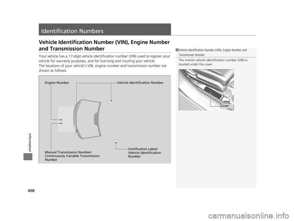 HONDA HR-V 2016 2.G Owners Manual 468
Information
Identification Numbers
Vehicle Identification Number (VIN), Engine Number 
and Transmission Number
Your vehicle has a 17-digit vehicle identifi cation number (VIN) used to register you