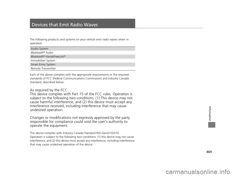 HONDA HR-V 2016 2.G Owners Manual 469
Information
Devices that Emit Radio Waves
The following products and systems on your vehicle emit radio waves when in 
operation.
Each of the above complies with the appropriate requirements or th