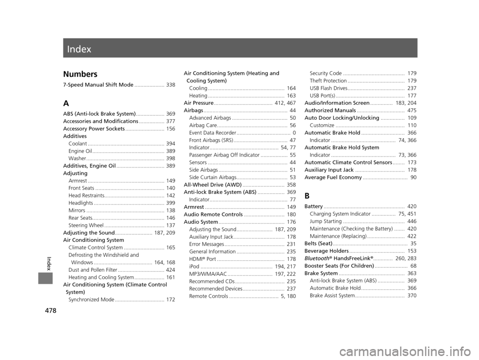 HONDA HR-V 2016 2.G Owners Manual Index
478
Index
Index
Numbers
7-Speed Manual Shift Mode.................... 338
A
ABS (Anti-lock Brake System) ................... 369
Accessories and Modifications ................. 377
Accessory Pow