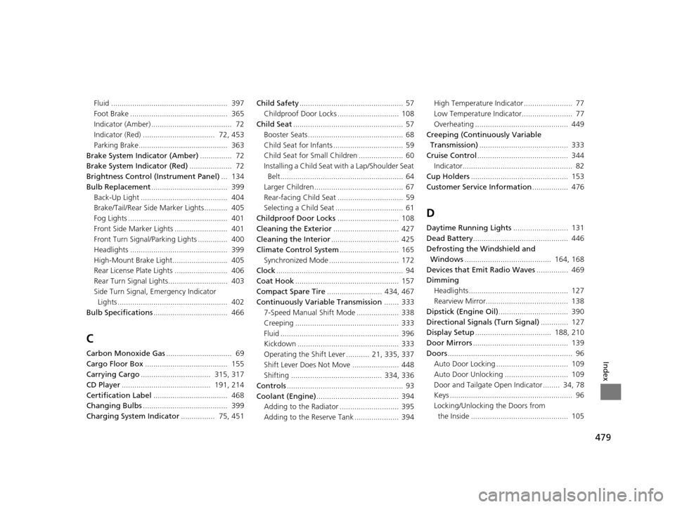 HONDA HR-V 2016 2.G Owners Manual 479
Index
Fluid .......................................................  397
Foot Brake ..............................................  365
Indicator (Amber) ......................................  72