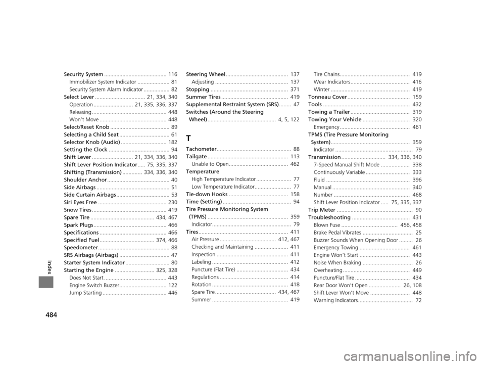 HONDA HR-V 2016 2.G Owners Manual 484
Index
Security System......................................... 116
Immobilizer System Indicator .....................  81
Security System Alarm Indicator .................  82
Select Lever .......