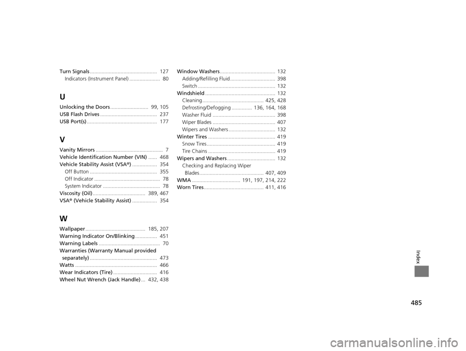 HONDA HR-V 2016 2.G Owners Manual 485
Index
Turn Signals..............................................  127
Indicators (Instrume nt Panel) .....................  80
U
Unlocking the Doors ..........................  99, 105
USB Flash D
