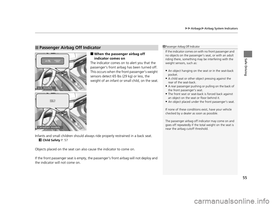 HONDA HR-V 2016 2.G Owners Manual 55
uuAirbags uAirbag System Indicators
Safe Driving■When the passenger airbag off 
indicator comes on
The indicator comes on to alert you that the 
passenger’s front airbag  has been turned off.
T