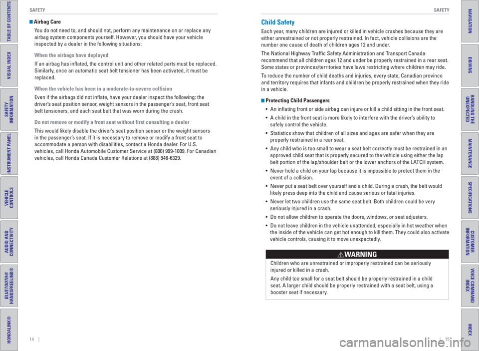 HONDA HR-V 2016 2.G Quick Guide 14    ||    15 SAFETY SAFETY
TABLE OF CONTENTS
INDEX
VISUAL INDEX
VOICE COMMAND 
INDEX
SAFETY 
INFORMATION
CUSTOMER
INFORMATION
INSTRUMENT PANEL
SPECIFICATIONS
VEHICLE
CONTROLS 
MAINTENANCE
AUDIO AND 