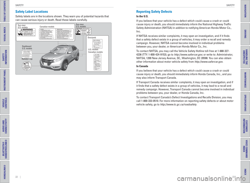 HONDA HR-V 2016 2.G Quick Guide 22    ||    23 SAFETY SAFETY
TABLE OF CONTENTS
INDEX
VISUAL INDEX
VOICE COMMAND 
INDEX
SAFETY 
INFORMATION
CUSTOMER
INFORMATION
INSTRUMENT PANEL
SPECIFICATIONS
VEHICLE
CONTROLS 
MAINTENANCE
AUDIO AND 