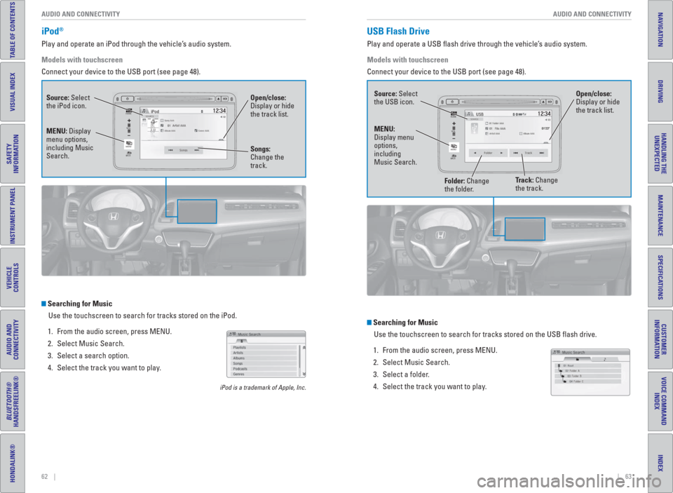 HONDA HR-V 2016 2.G Quick Guide 62    ||    63 AUDIO AND CONNECTIVITY AUDIO AND CONNECTIVITY
TABLE OF CONTENTS
INDEX
VISUAL INDEX
VOICE COMMAND 
INDEX
SAFETY 
INFORMATION
CUSTOMER
INFORMATION
INSTRUMENT PANEL
SPECIFICATIONS
VEHICLE
