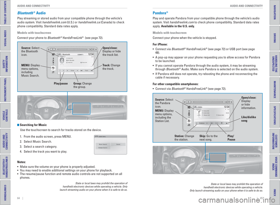 HONDA HR-V 2016 2.G Quick Guide 64    ||    65 AUDIO AND CONNECTIVITY AUDIO AND CONNECTIVITY
TABLE OF CONTENTS
INDEX
VISUAL INDEX
VOICE COMMAND 
INDEX
SAFETY 
INFORMATION
CUSTOMER
INFORMATION
INSTRUMENT PANEL
SPECIFICATIONS
VEHICLE
