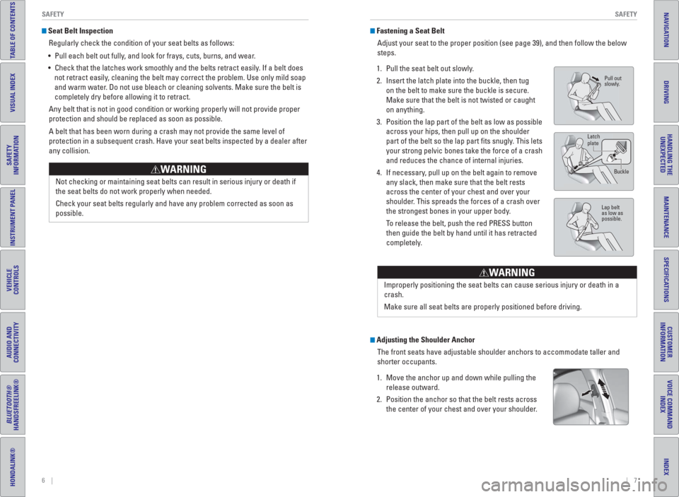 HONDA HR-V 2016 2.G Quick Guide 6    ||    7 SAFETY SAFETY
TABLE OF CONTENTS
INDEX
VISUAL INDEX
VOICE COMMAND 
INDEX
SAFETY 
INFORMATION
CUSTOMER
INFORMATION
INSTRUMENT PANEL
SPECIFICATIONS
VEHICLE
CONTROLS 
MAINTENANCE
AUDIO AND 
C