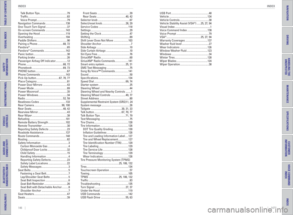 HONDA HR-V 2016 2.G Quick Guide 146    ||    147 INDEX INDEX
TABLE OF CONTENTS
INDEX
VISUAL INDEX
VOICE COMMAND 
INDEX
SAFETY 
INFORMATION
CUSTOMER
INFORMATION
INSTRUMENT PANEL
SPECIFICATIONS
VEHICLE
CONTROLS 
MAINTENANCE
AUDIO AND 